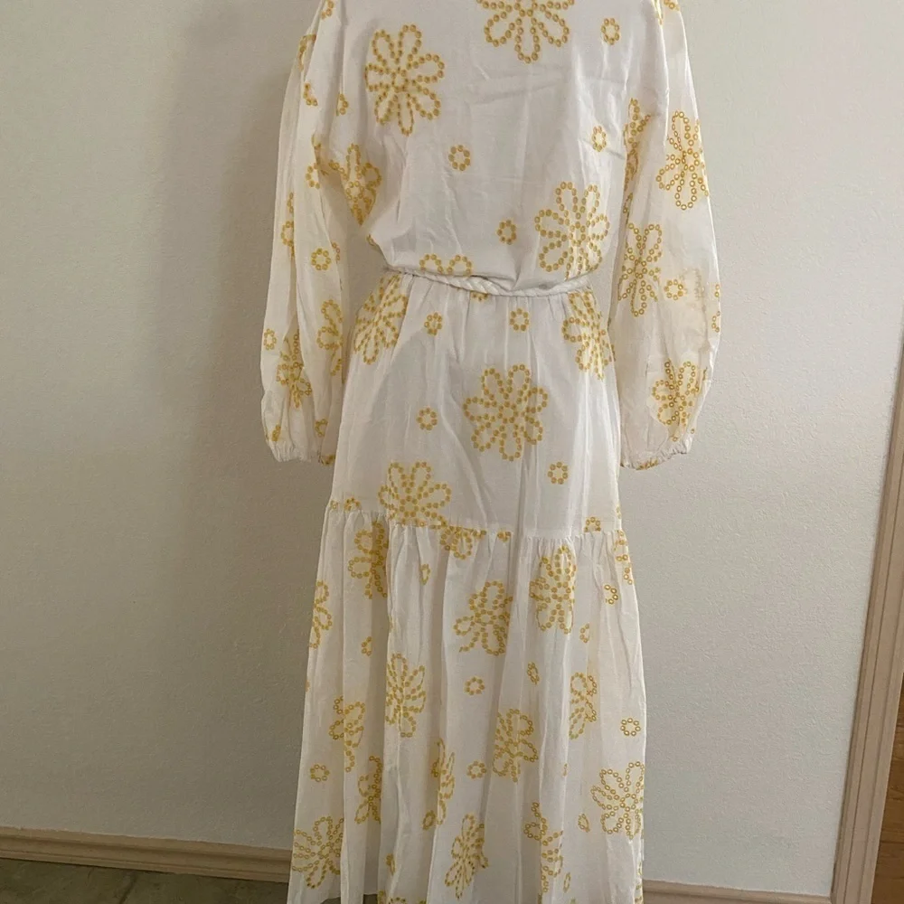 Alexis White Yellow Cottage Core Embroidered Eyelet Midi‎ Dress Women's Large - Picture 7 of 13